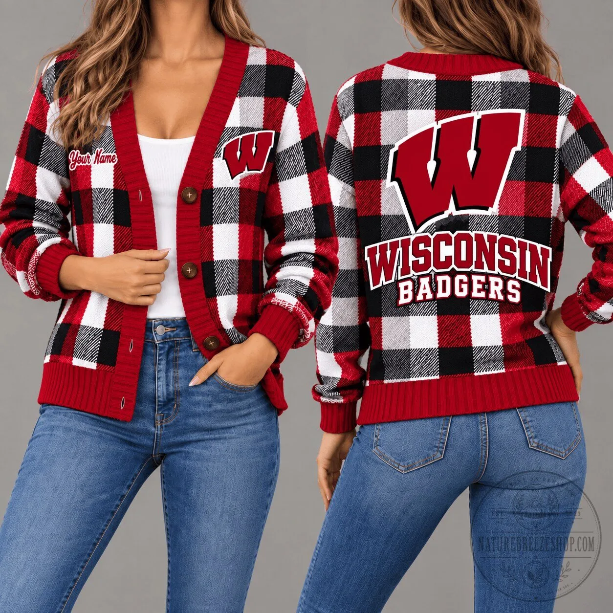 Wisconsin Badgers Plaid Pattern Personalized Cardigan Sweater
