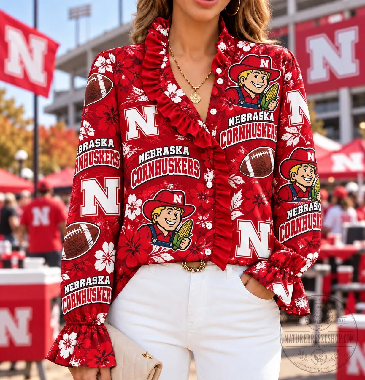 Nebraska Cornhuskers Floral Ruffle Button Down Long Sleeve Shirt