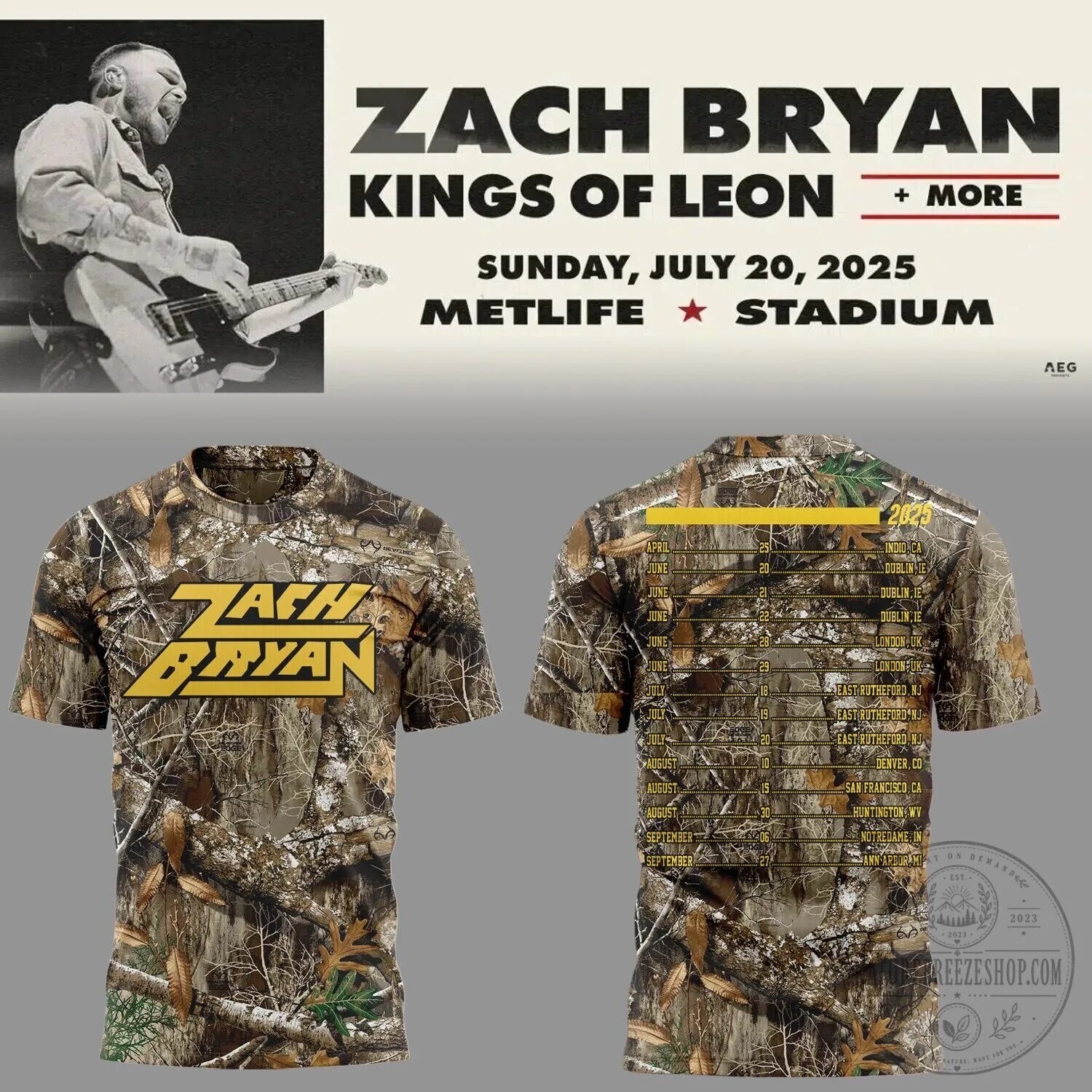 Zach Bryan Quittin' Time Tour 2025 Camouflage T-Shirt
