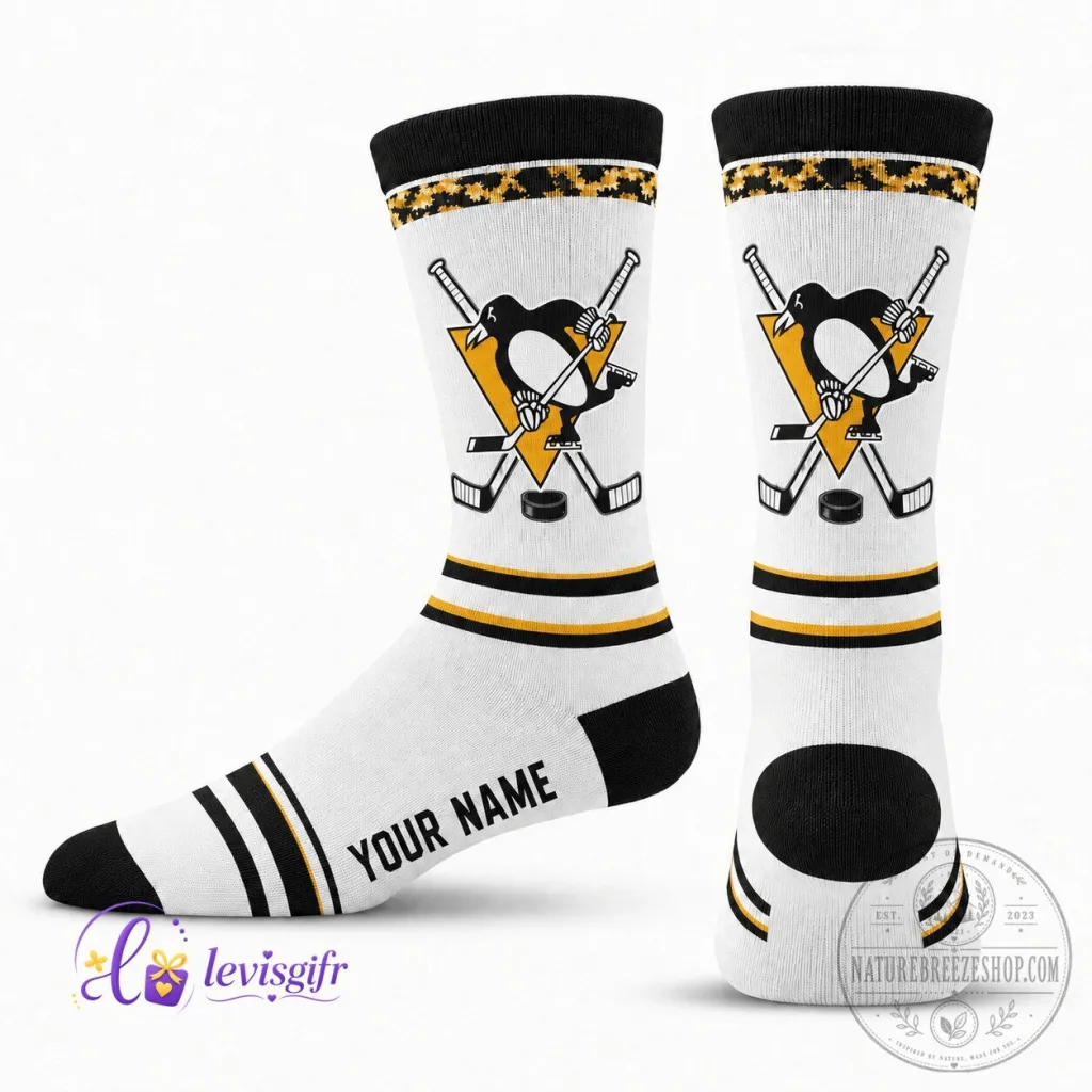 Pittsburgh Penguins National Hockey League Personalized White Crew Socks Pittsburgh Penguins National Hockey League Personalized White Crew Socks