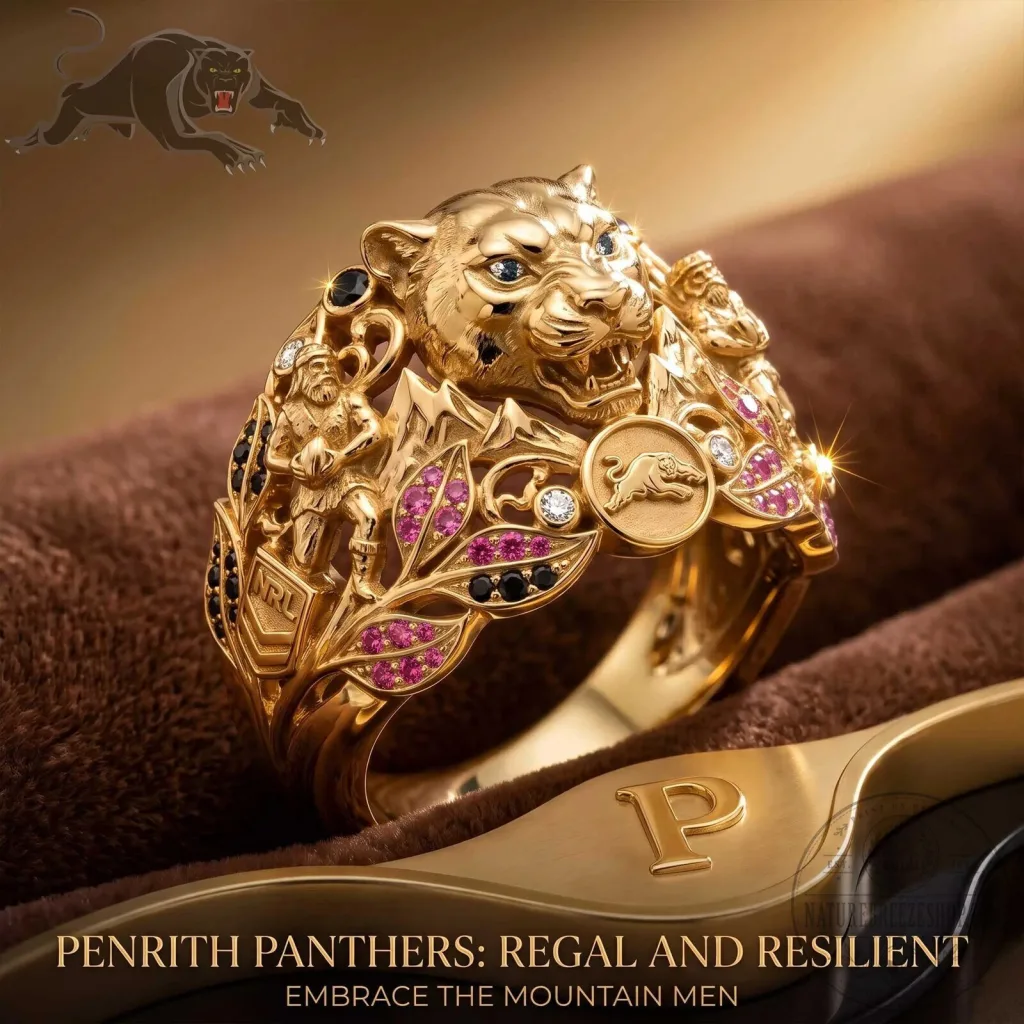 Penrith Panthers NRL Rugby League Gold Ring with Panther and Mountain Men Penrith Panthers NRL Rugby League Gold Ring with Panther and Mountain Men