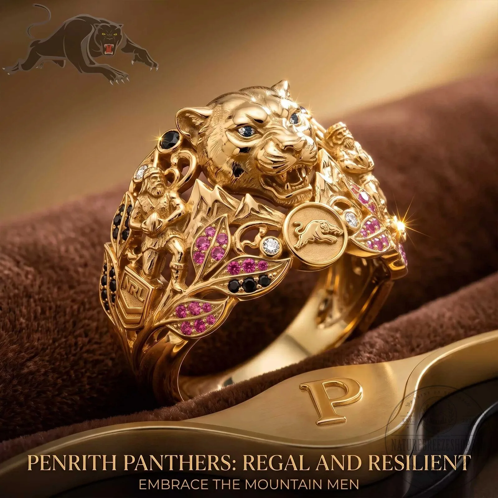 Penrith Panthers NRL Rugby League Gold Ring with Panther and Mountain Men 1 Penrith Panthers NRL Rugby League Gold Ring with Panther and Mountain Men