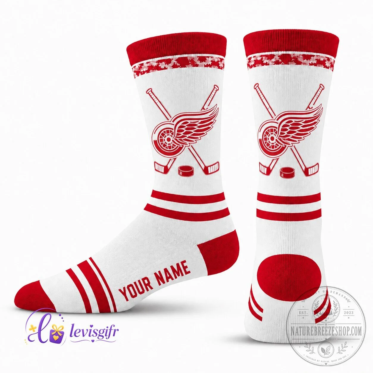 Detroit Red Wings Ice Hockey Team Personalized White Crew Socks