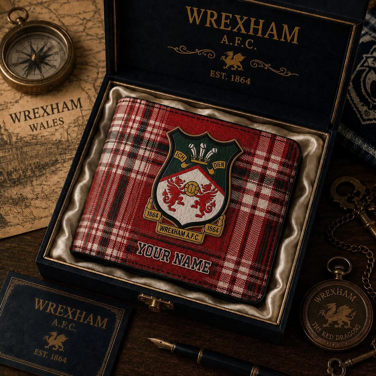Wrexham Association Football Club Red Plaid Custom Name Bi-Fold Wallet