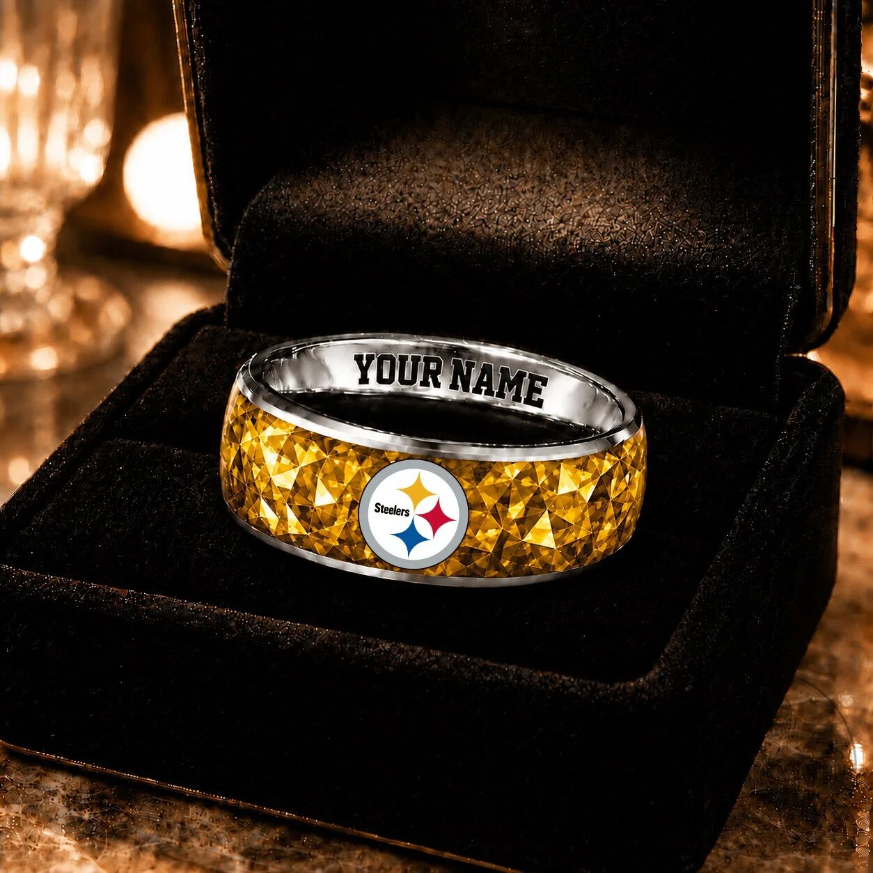 Pittsburgh Steelers Custom Name Gold Diamond Pattern Ring