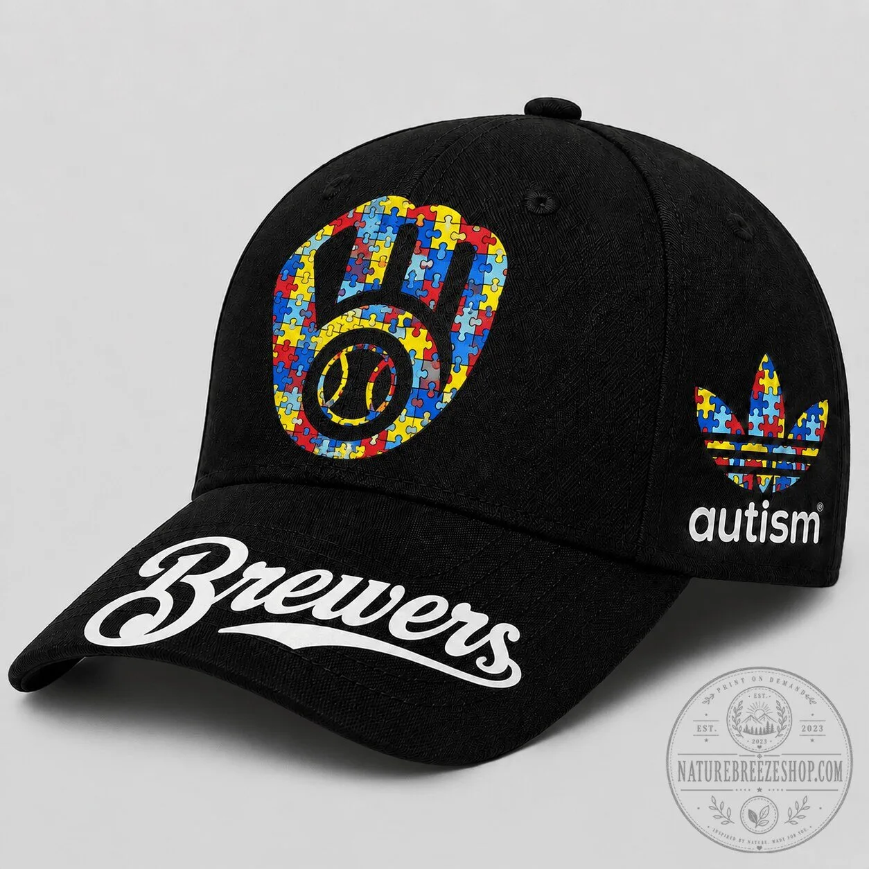 Milwaukee Brewers Baseball Autism Awareness Puzzle Heart Cap Hat