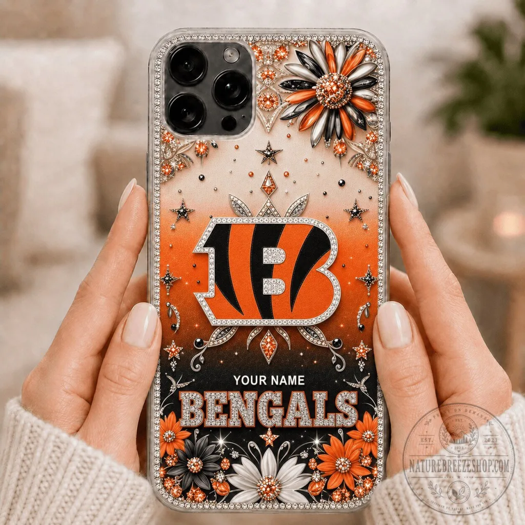 Cincinnati Bengals NFL Custom Name Floral Rhinestone Phone Case Cincinnati Bengals NFL Custom Name Floral Rhinestone Phone Case