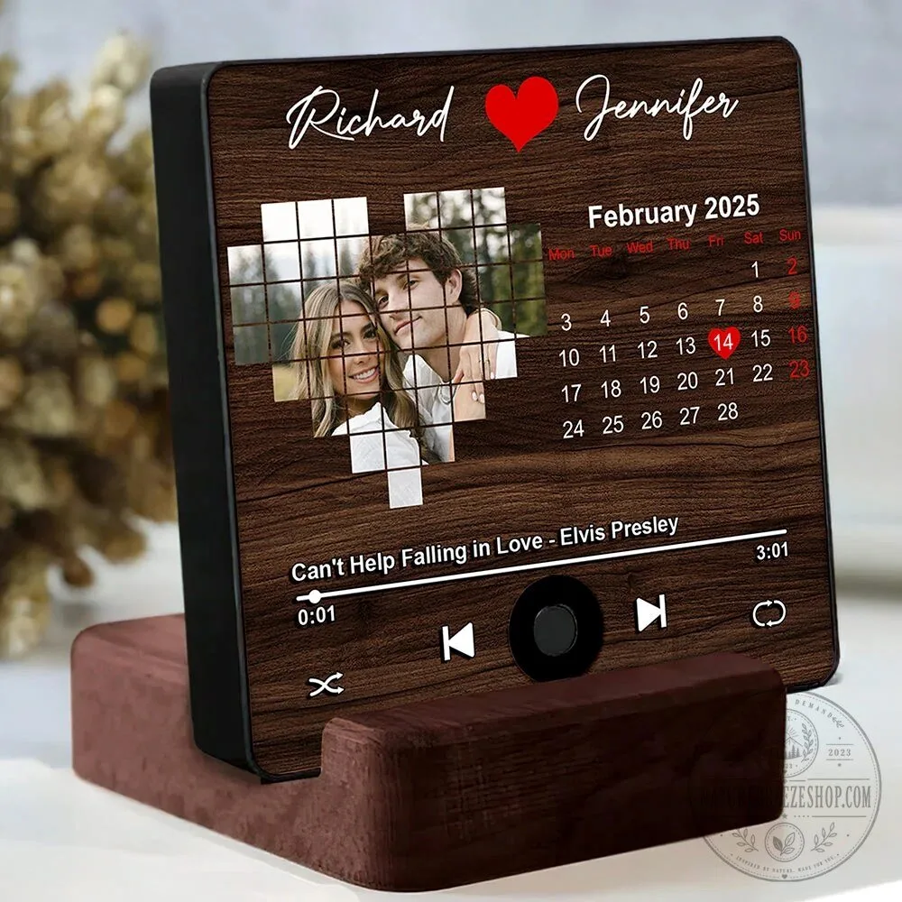 Personalized Couple Photo Music Plaque with Calendar, Custom Song and Names