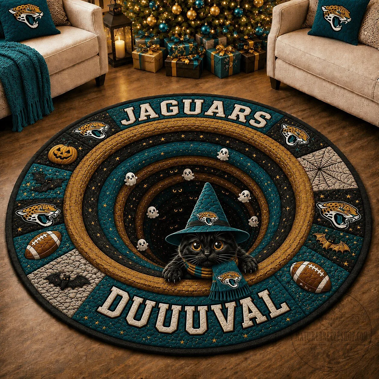 Jacksonville Jaguars Halloween Black Cat Witch Round Quilted Rug 5 Jacksonville Jaguars Halloween Black Cat Witch Round Quilted Rug