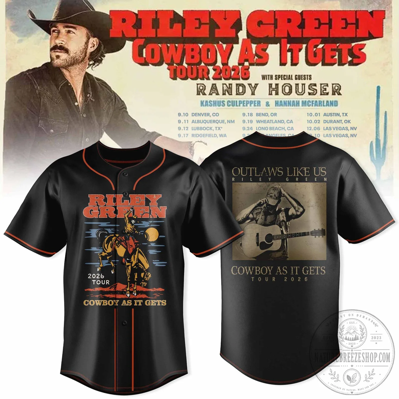 Riley Green Cowboy As It Gets Tour 2026 Baseball Jersey