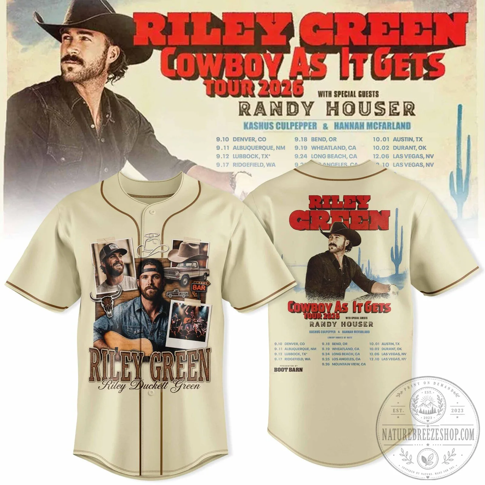 Riley Green Cowboy As It Gets Tour 2026 Baseball Jersey with Randy Houser