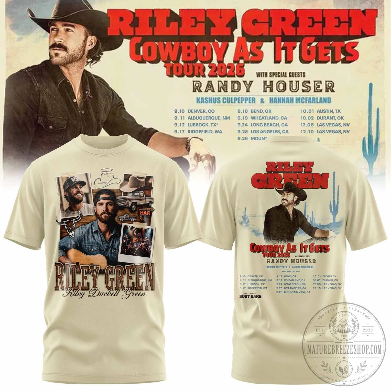 2026 Concert T-Shirt for Riley Green's Cowboy As It Gets Tour