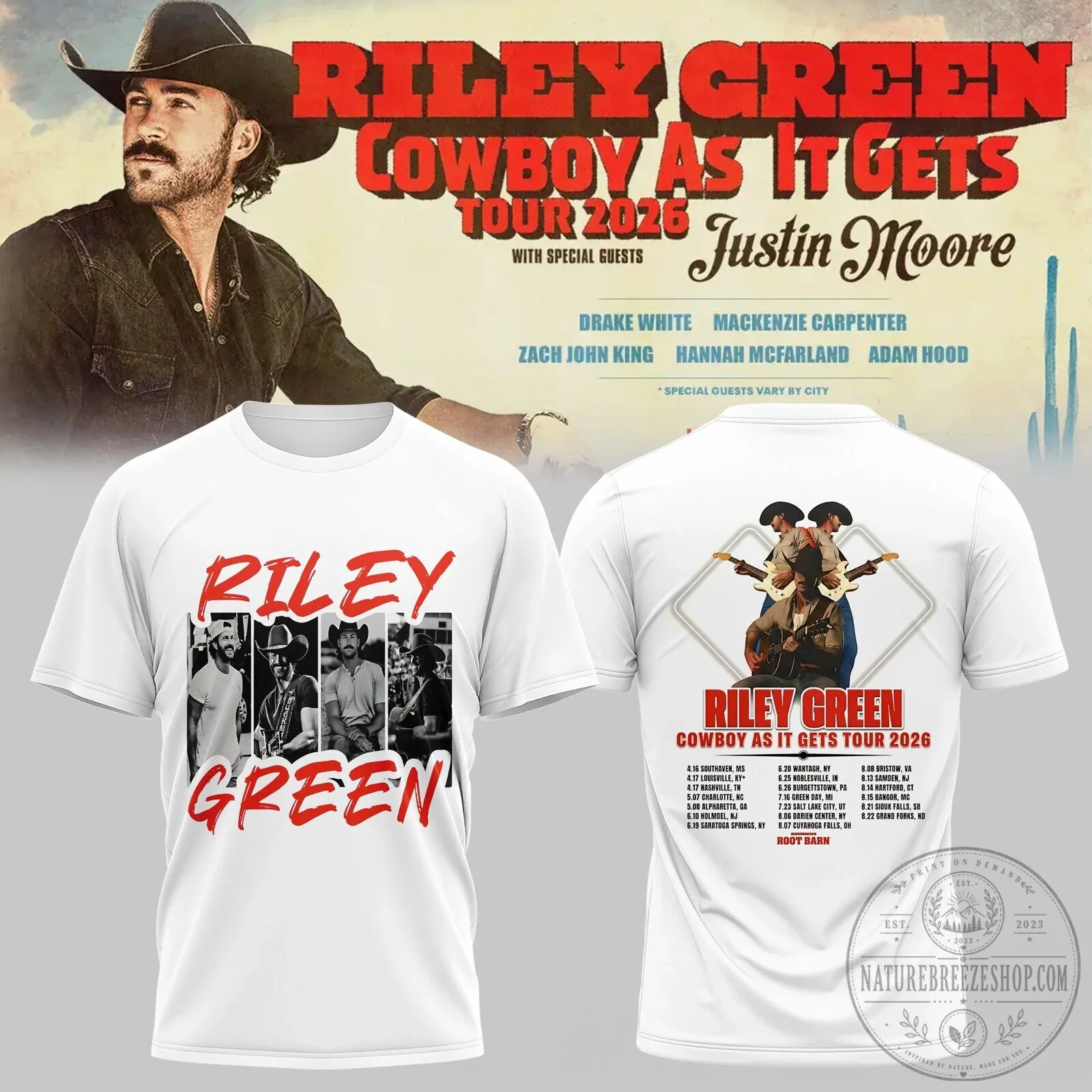 Riley Green Cowboy As It Gets Tour 2026 Concert Dates T-Shirt 5 Riley Green Cowboy As It Gets Tour 2026 Concert Dates T-Shirt