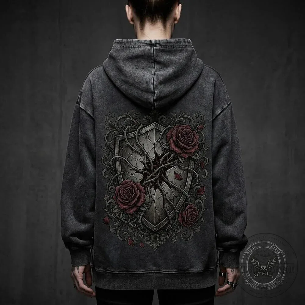 Gothic Rose Shield Vintage Washed Hoodie with Broken Shield and Thorned Roses