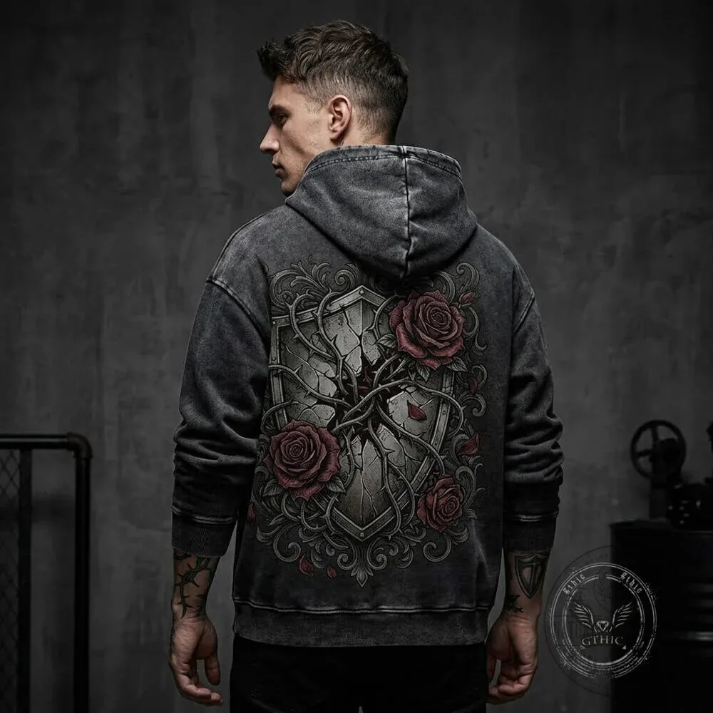 Gothic Rose Shield Vintage Washed Hoodie with Broken Shield and Thorned Roses 13 Gothic Rose Shield Vintage Washed Hoodie with Broken Shield and Thorned Roses
