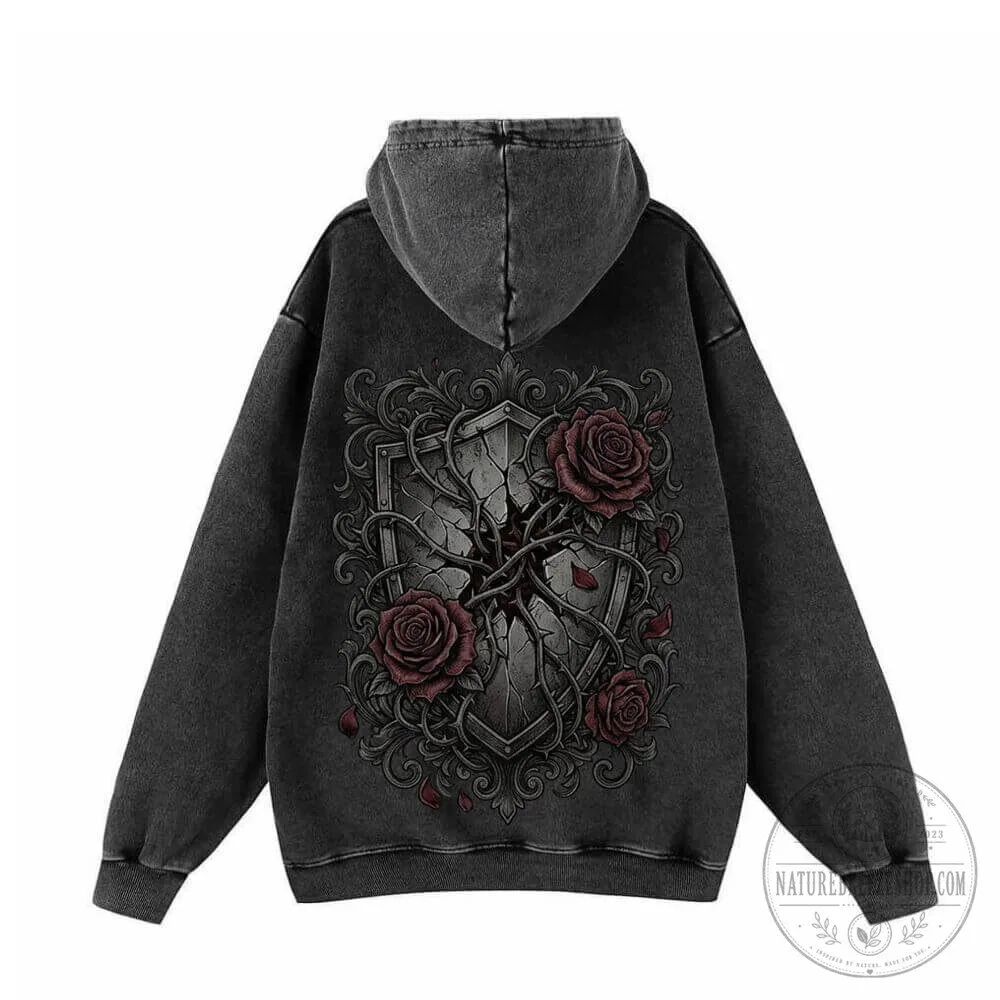 Gothic Rose Shield Vintage Washed Hoodie with Broken Shield and Thorned Roses 15 Gothic Rose Shield Vintage Washed Hoodie with Broken Shield and Thorned Roses