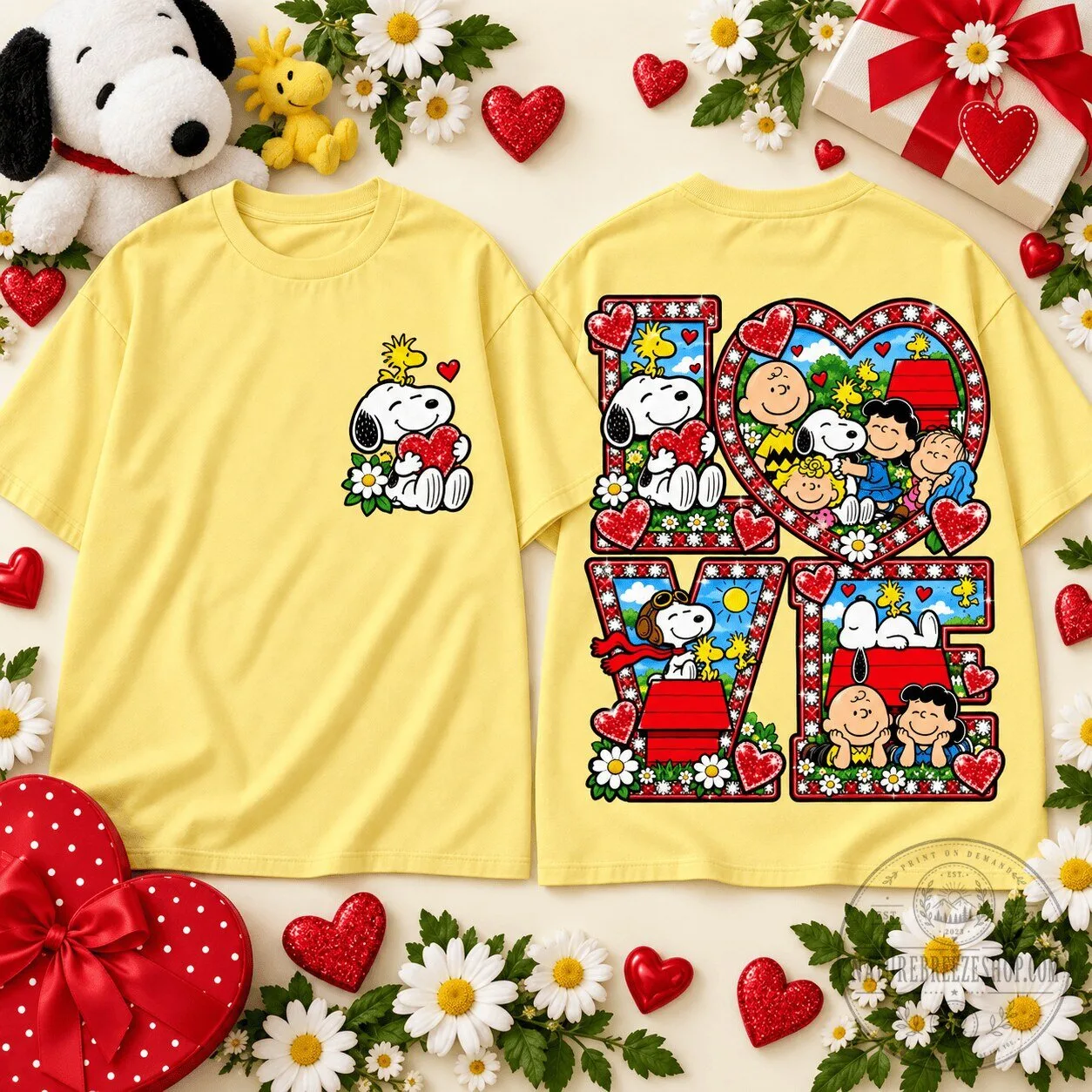 Snoopy and Woodstock Valentine's Day Love Heart Yellow T-Shirt 8 Snoopy and Woodstock Valentine's Day Love Heart Yellow T-Shirt