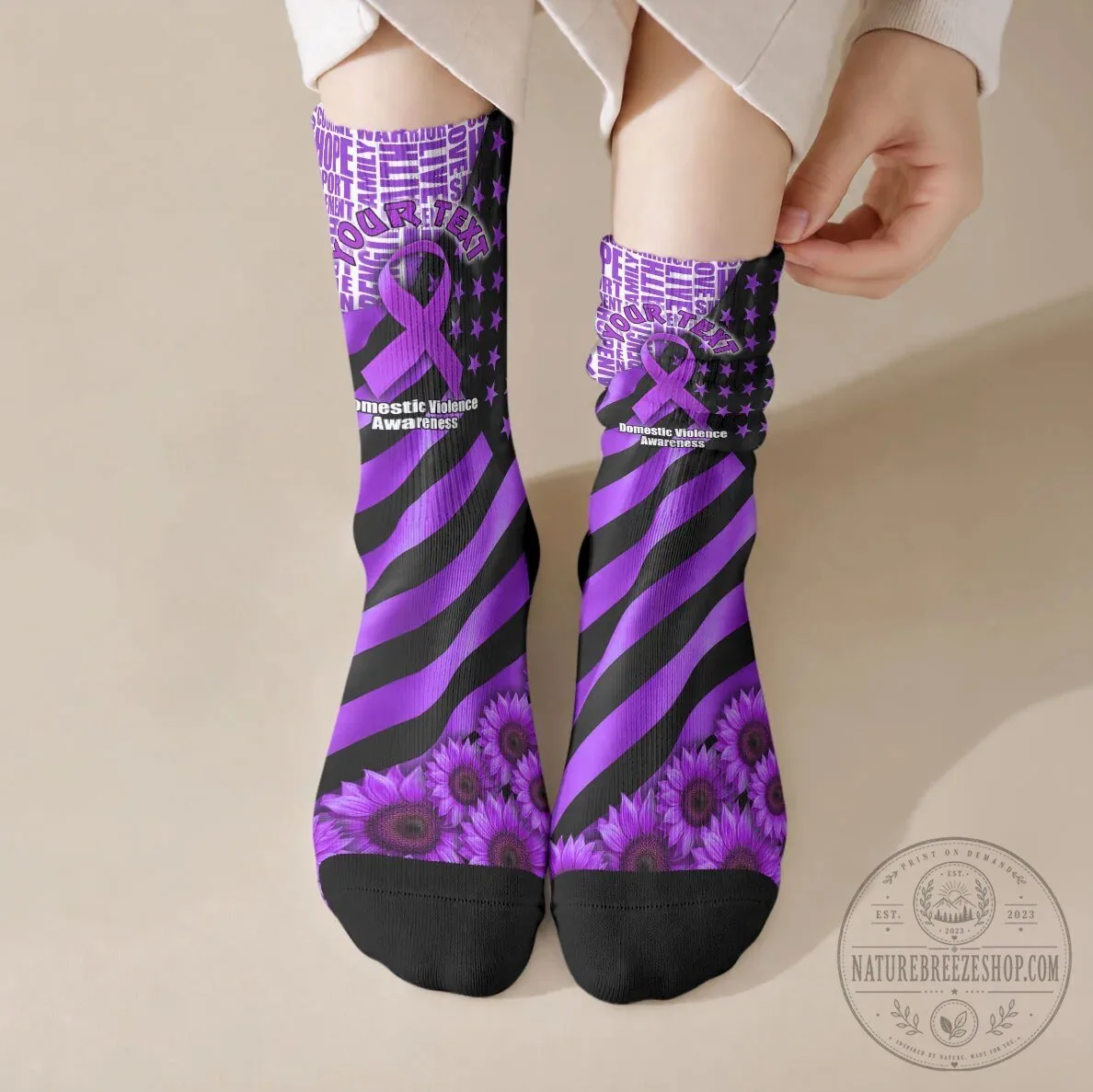 Domestic Violence Awareness Purple Ribbon Sunflower Pattern Socks