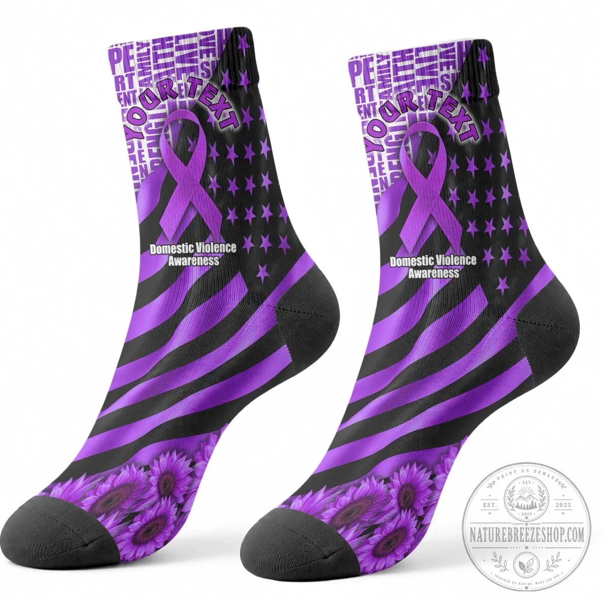 Domestic Violence Awareness Purple Ribbon Sunflower Pattern Socks 8 Domestic Violence Awareness Purple Ribbon Sunflower Pattern Socks