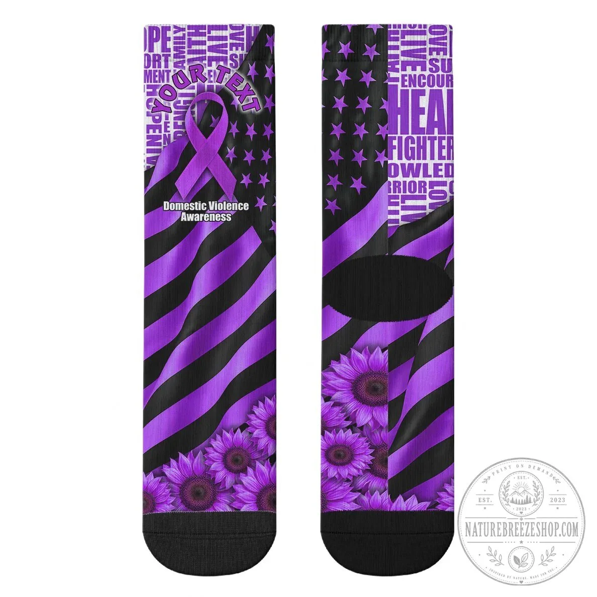 Domestic Violence Awareness Purple Ribbon Sunflower Pattern Socks 11 Domestic Violence Awareness Purple Ribbon Sunflower Pattern Socks