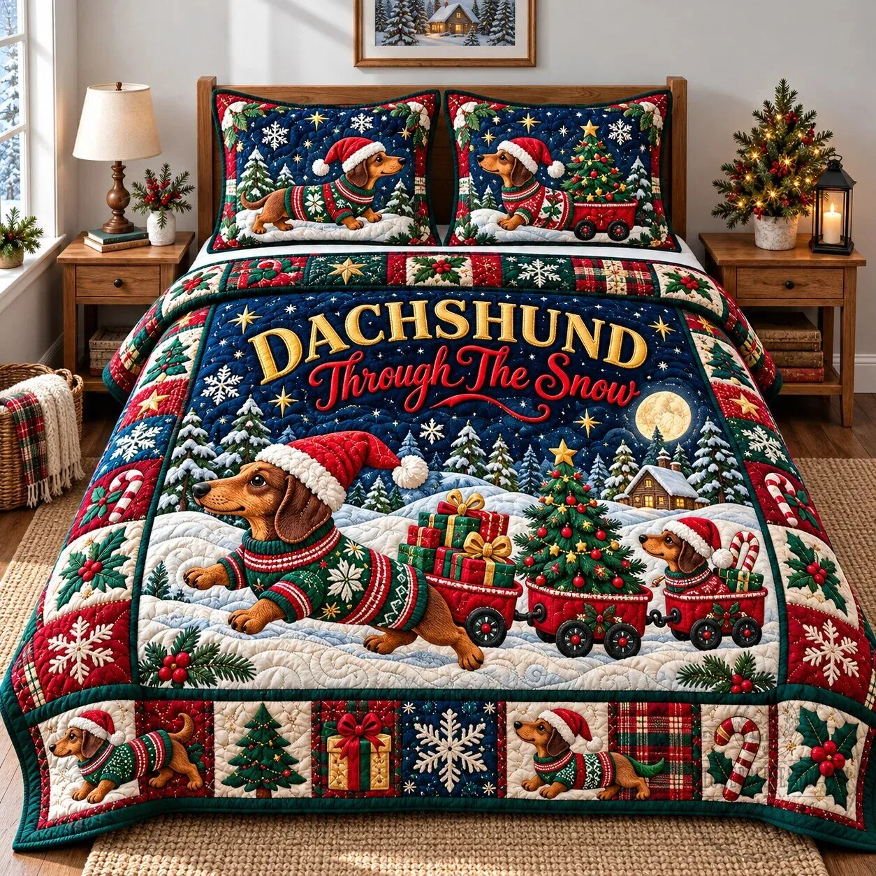 Christmas Dachshund Through The Snow Quilted Bedding Set