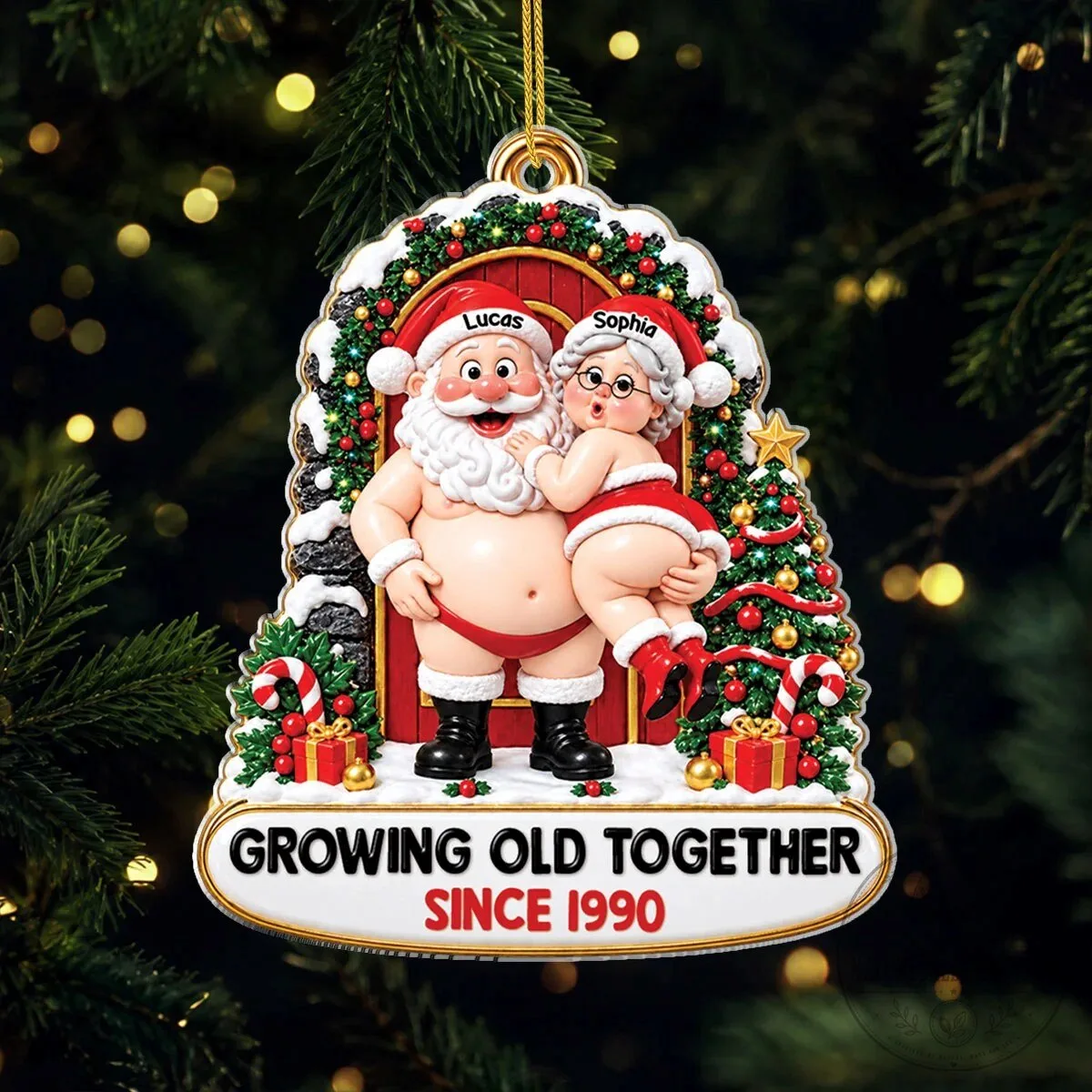 Personalized Growing Old Together Since 1990 Santa Couple Christmas Ornament