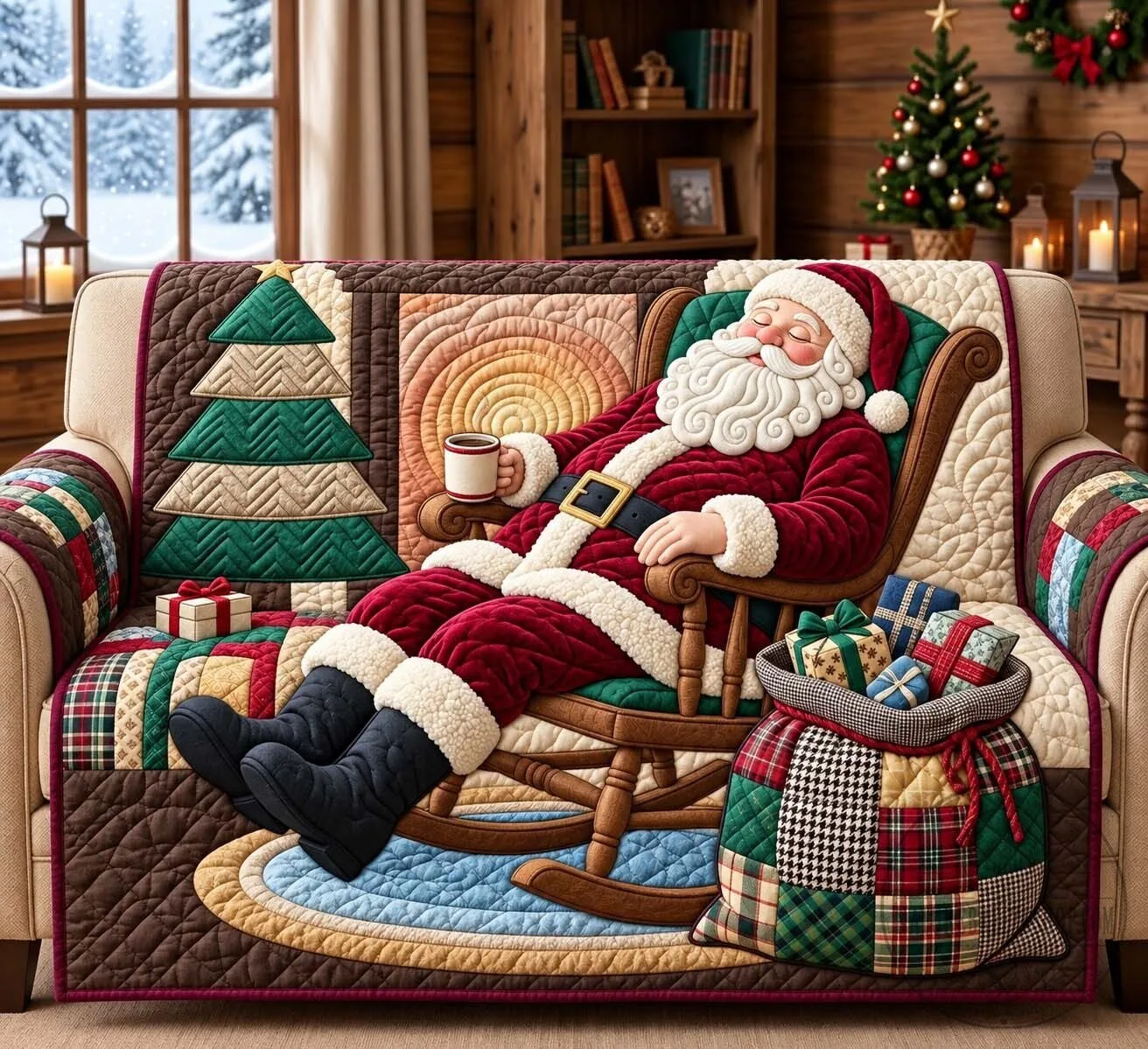 Christmas Santa Claus Napping on Rocking Chair Quilted Sofa Cover