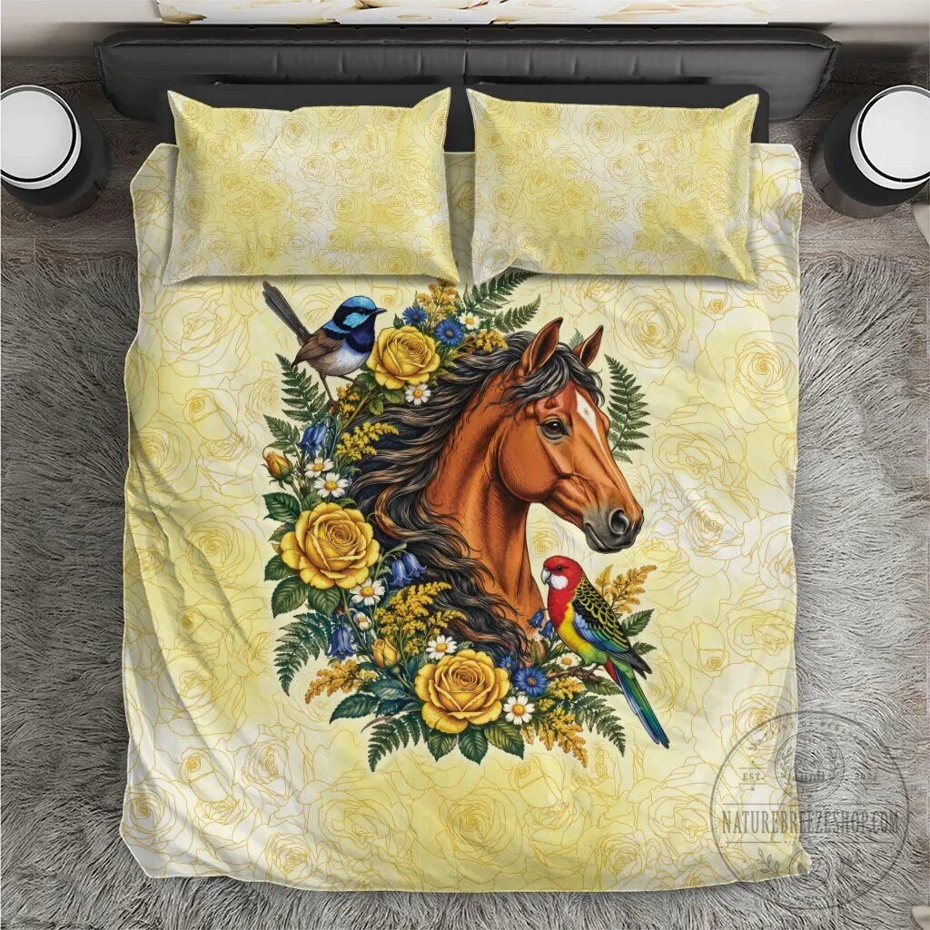 Horse and Yellow Rose Wreath with Birds Floral Bedding Set