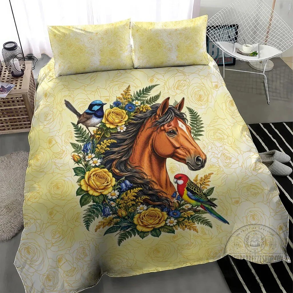 Horse and Yellow Rose Wreath with Birds Floral Bedding Set 13 Horse and Yellow Rose Wreath with Birds Floral Bedding Set