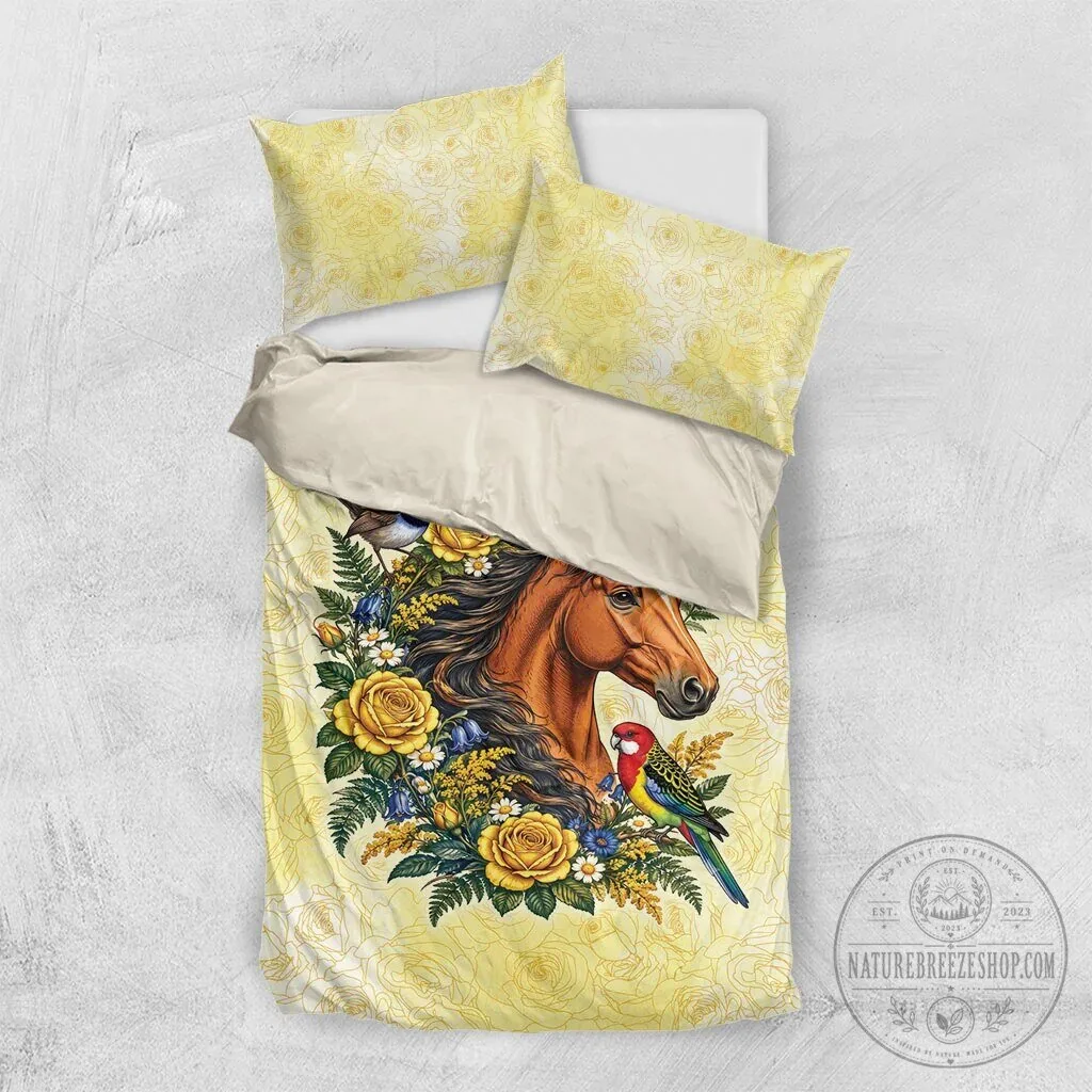Horse and Yellow Rose Wreath with Birds Floral Bedding Set 15 Horse and Yellow Rose Wreath with Birds Floral Bedding Set