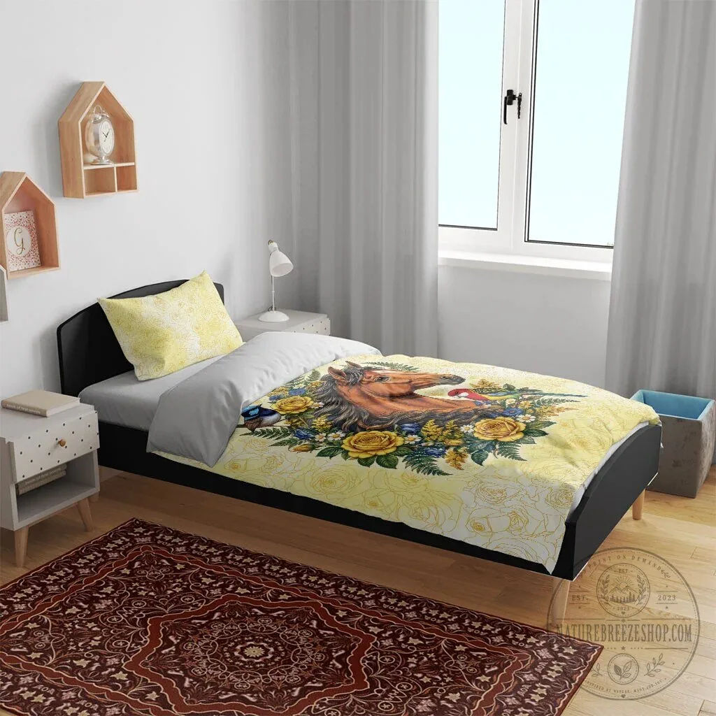Horse and Yellow Rose Wreath with Birds Floral Bedding Set 16 Horse and Yellow Rose Wreath with Birds Floral Bedding Set