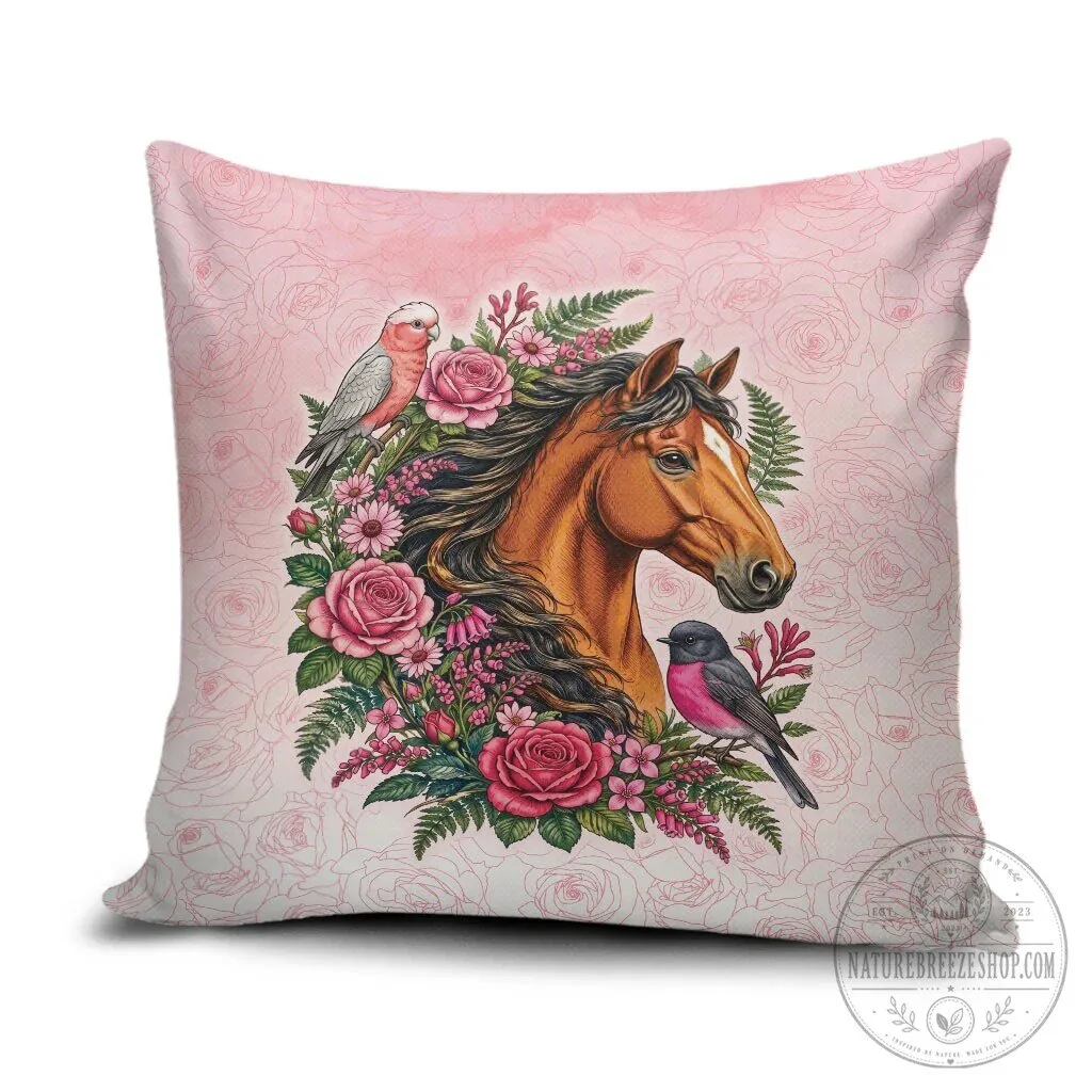 Pink Rose Wreath Horse and Australian Birds Decorative Throw Pillow