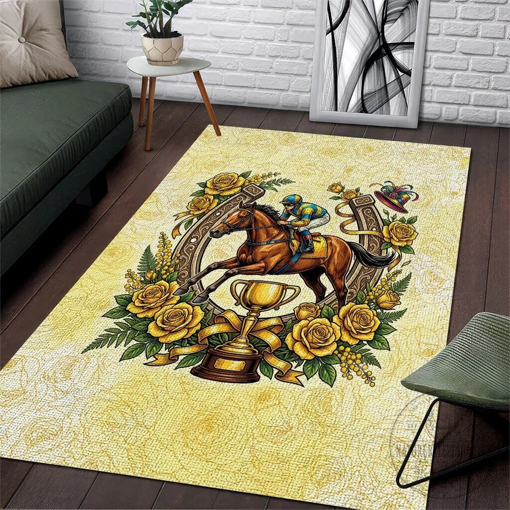 Melbourne Horse Racing Yellow Rose Floral Area Rug