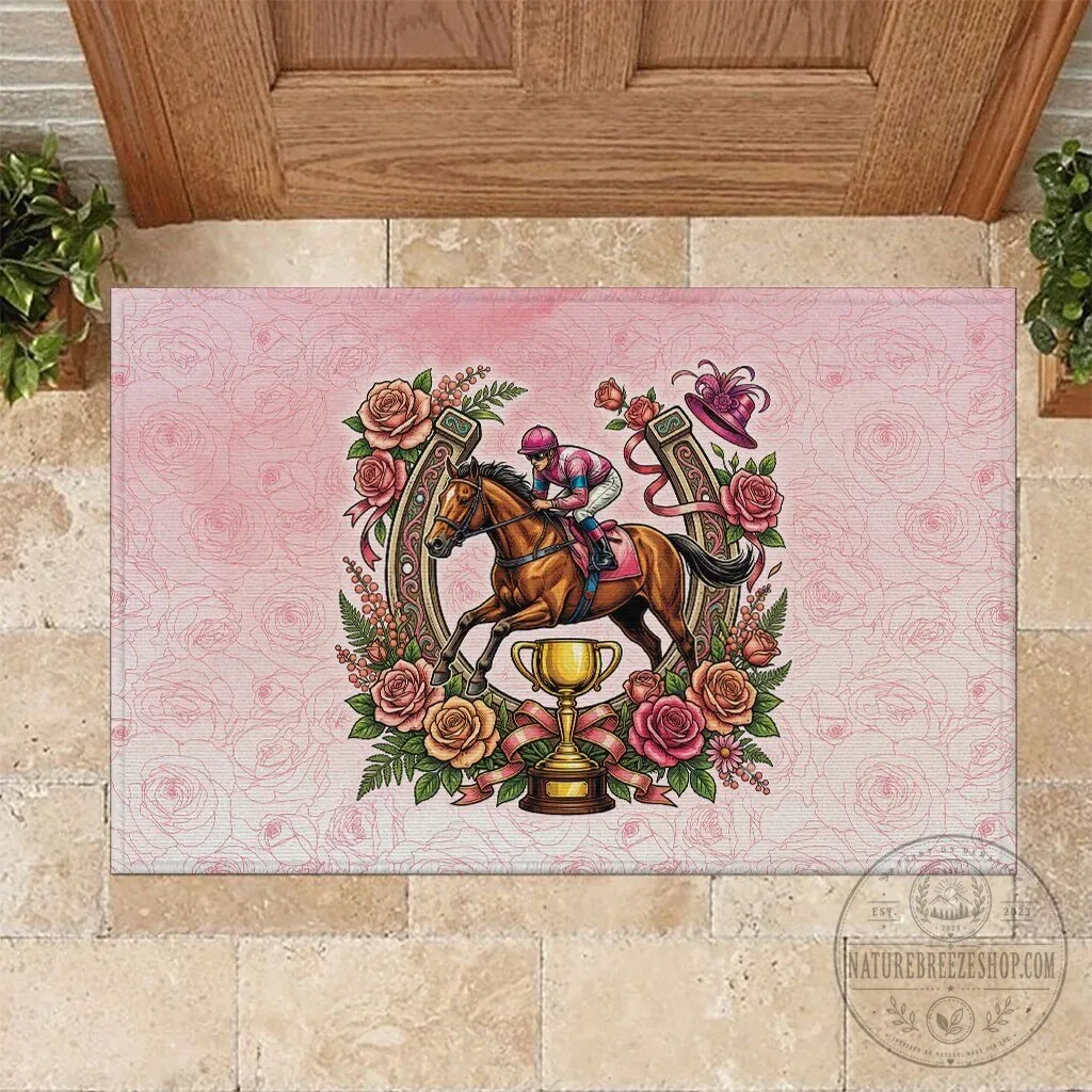 Melbourne Horse Race Jockey Floral Horseshoe Pink Rose Doormat