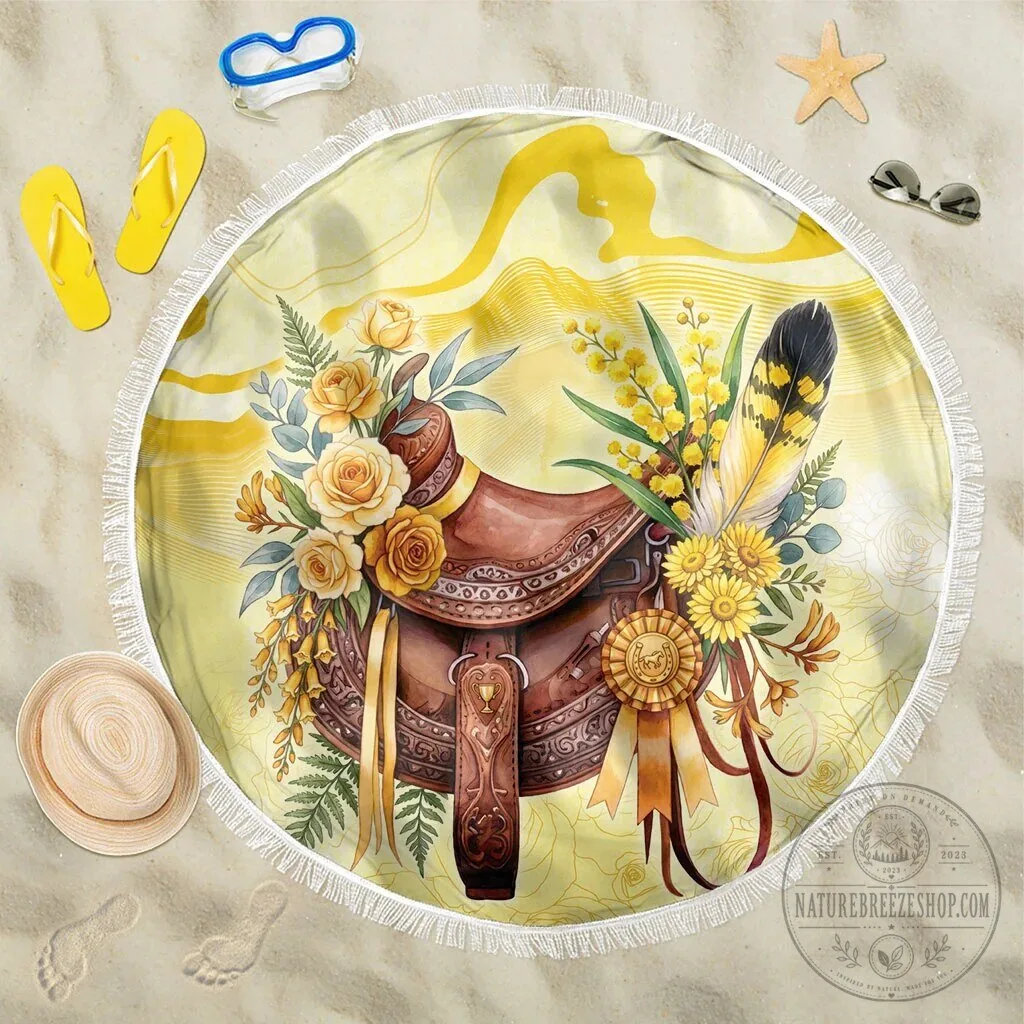 Horse Saddle Floral Yellow Rose Wattle Flowers Round Beach Blanket