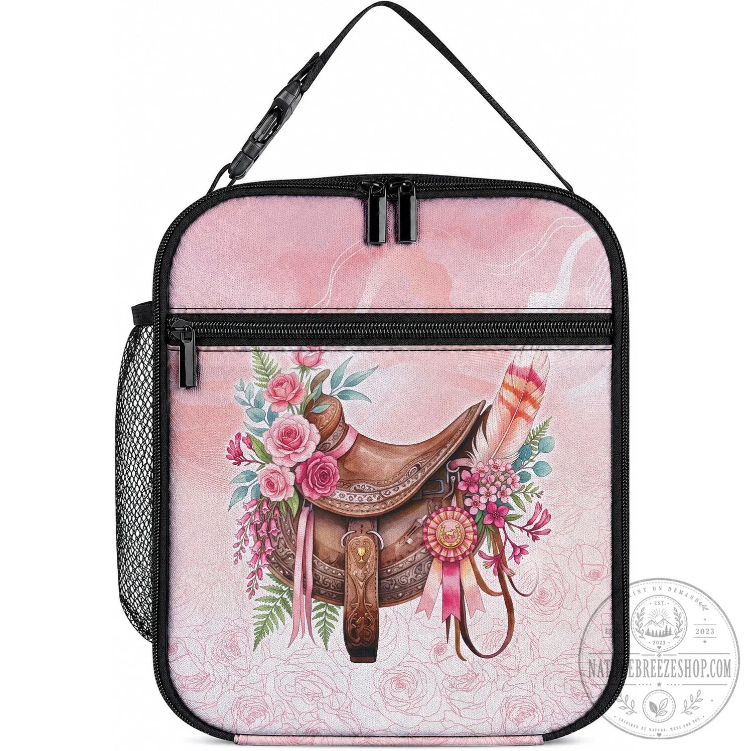 Pink Floral Horse Saddle And Feather Insulated Lunch Bag For Women 16 Pink Floral Horse Saddle And Feather Insulated Lunch Bag For Women