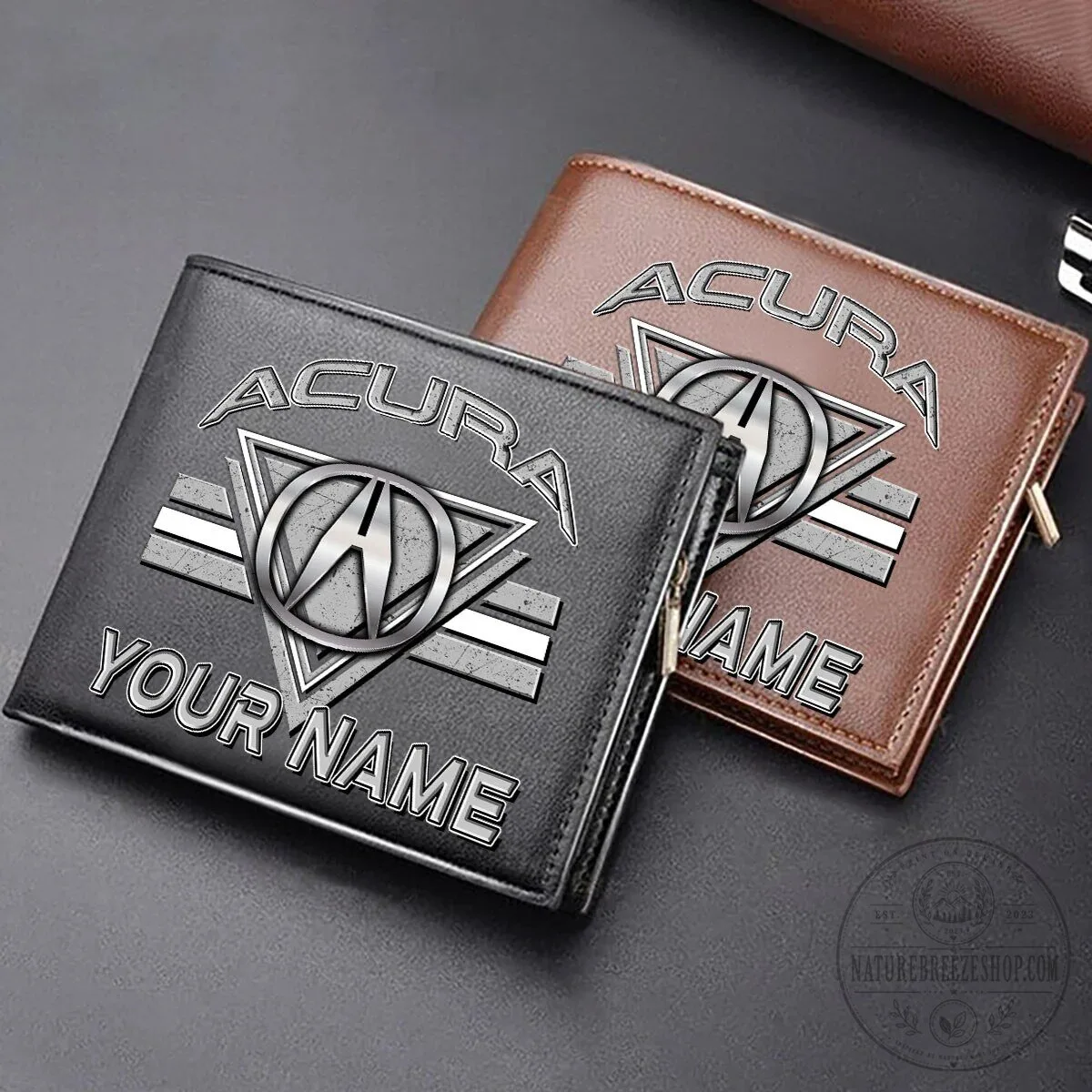 Acura Custom Name Black and Brown Leather Wallet