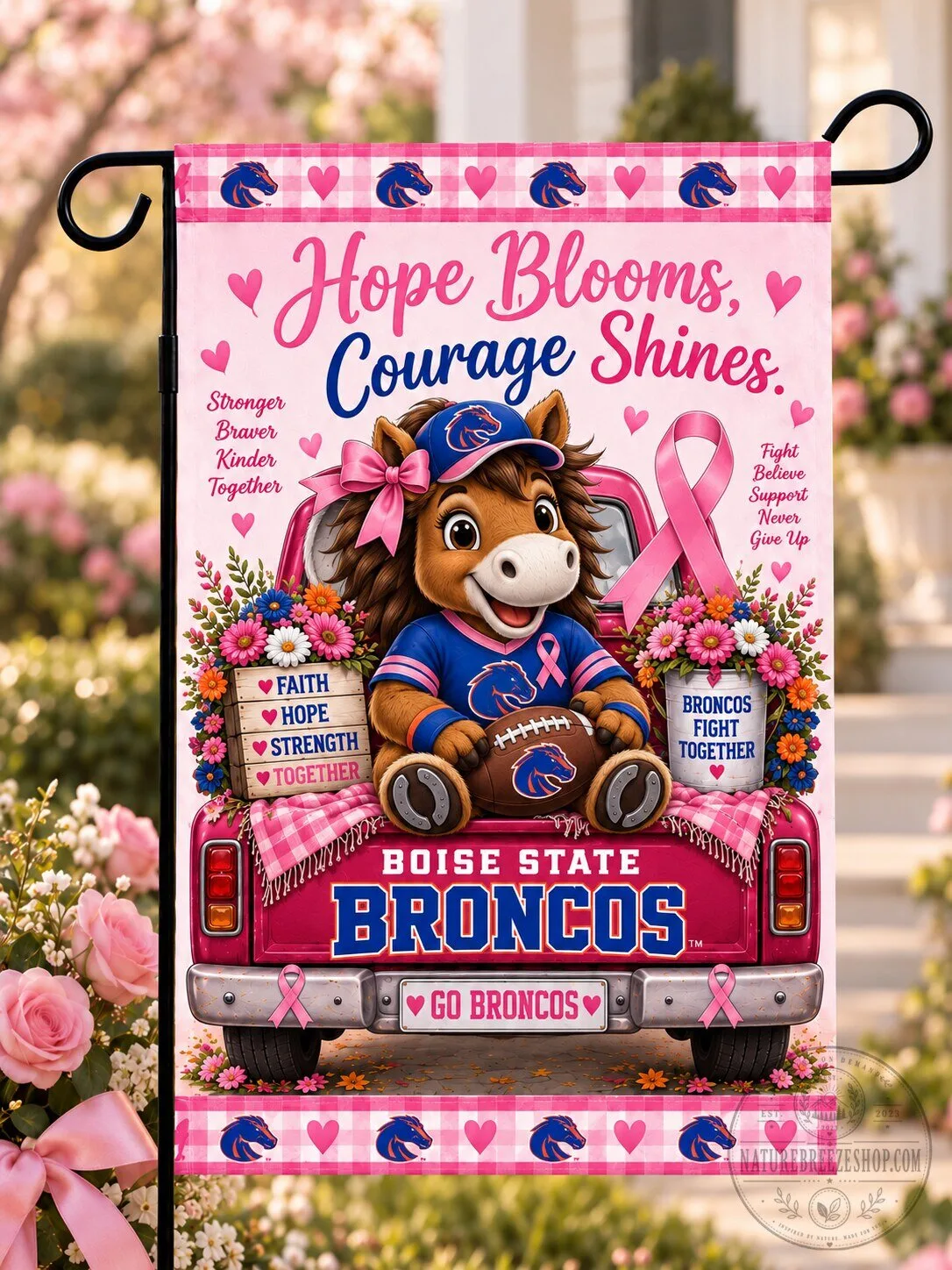 Boise State Broncos Breast Cancer Awareness Hope Blooms Courage Shines Flag