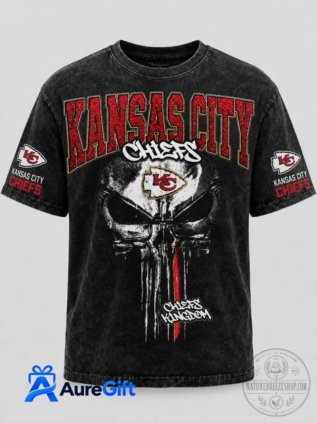 Kansas City Chiefs Punisher Skull Graphic Washed Black Short Sleeve T-Shirt