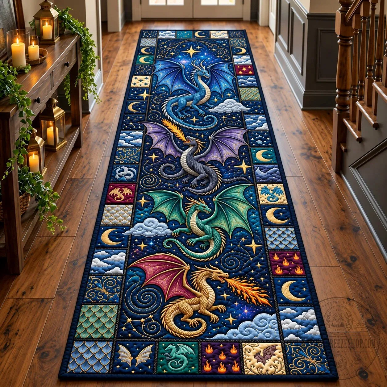 Fantasy Dragon Moon Stars Sky Patterned Hallway Runner Rug