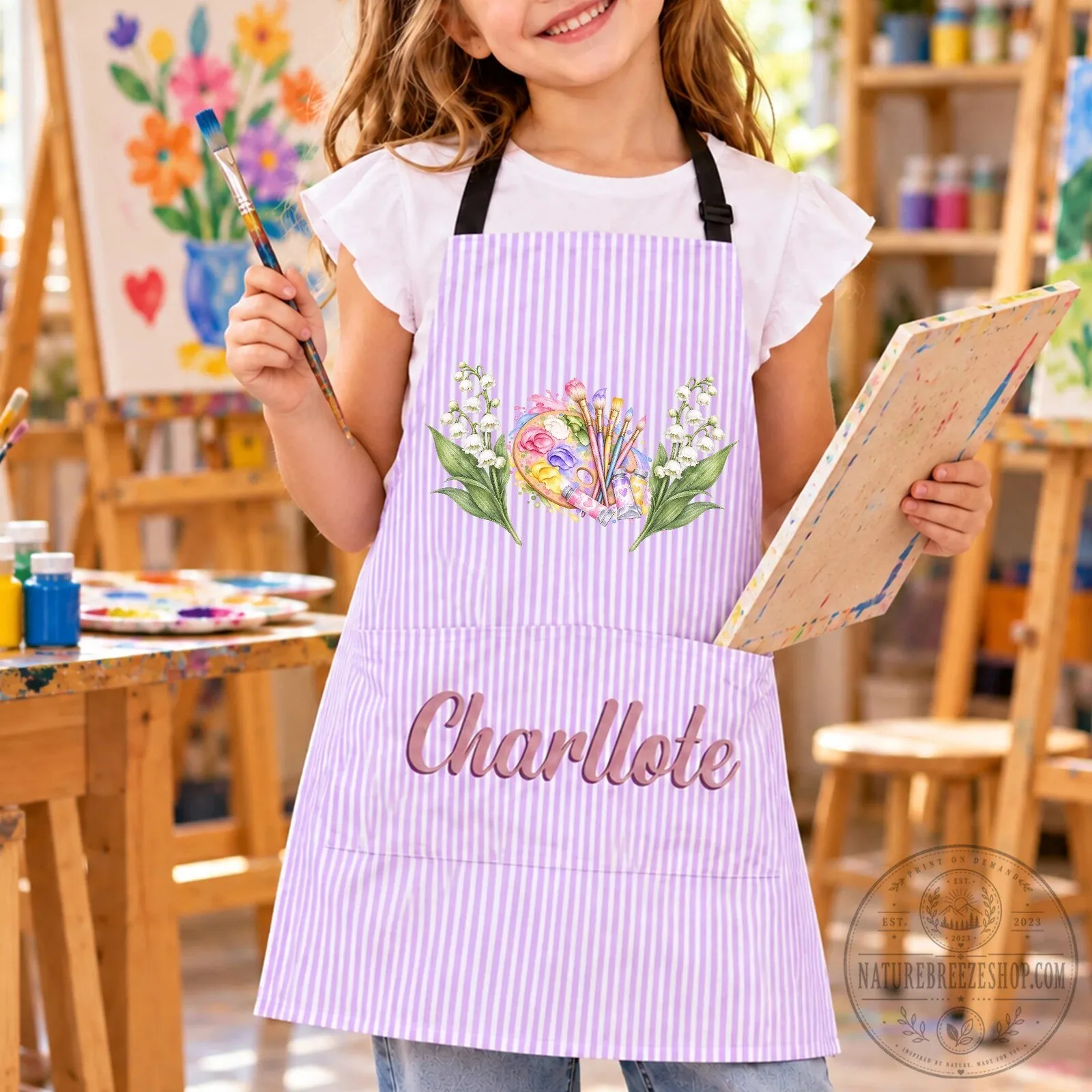 Personalized Birth Flower Artist Apron for Painting Lovers, Custom Name Art Studio Apron
