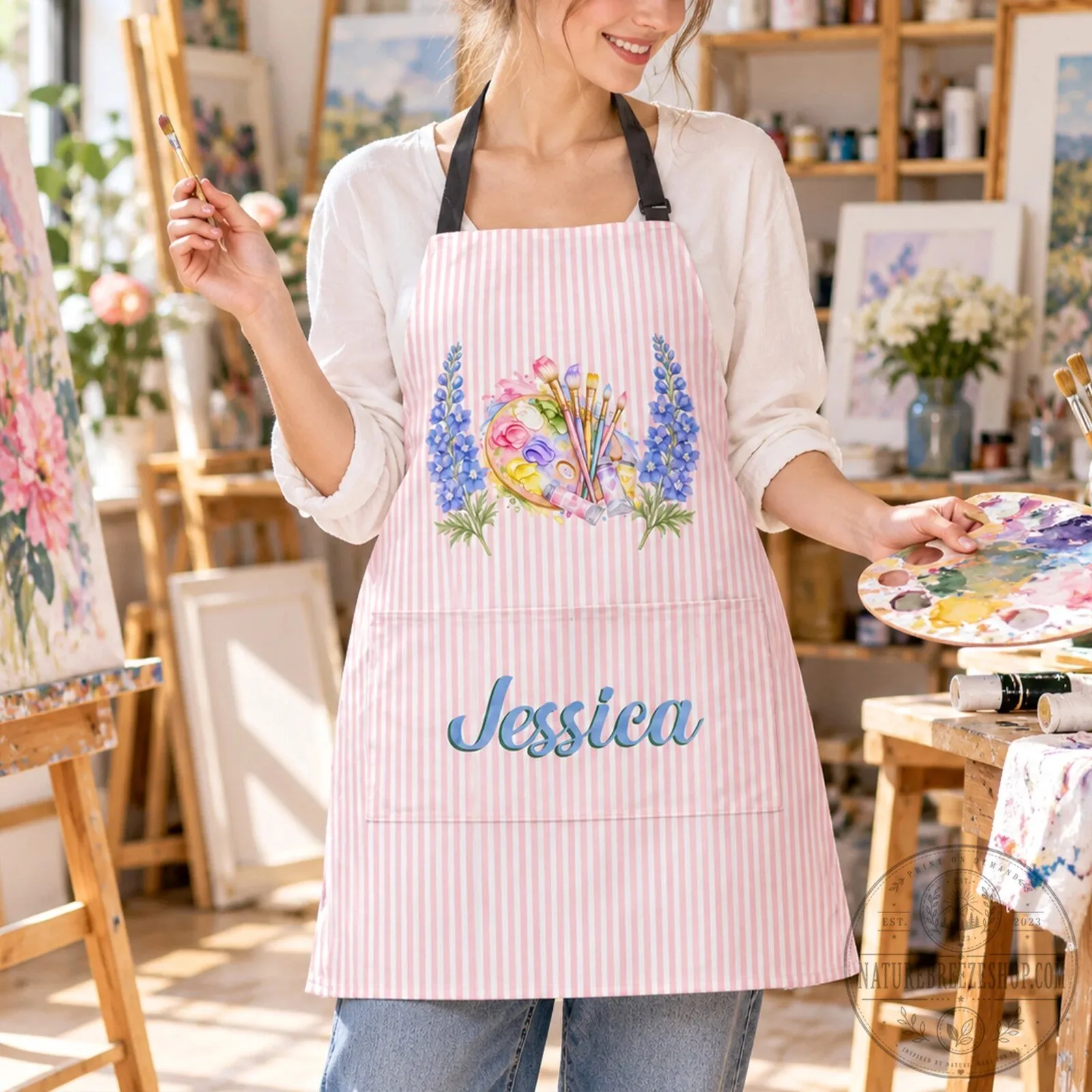 Personalized Birth Flower Artist Apron for Painting Lovers, Custom Name Art Studio Apron 11 Personalized Birth Flower Artist Apron for Painting Lovers, Custom Name Art Studio Apron
