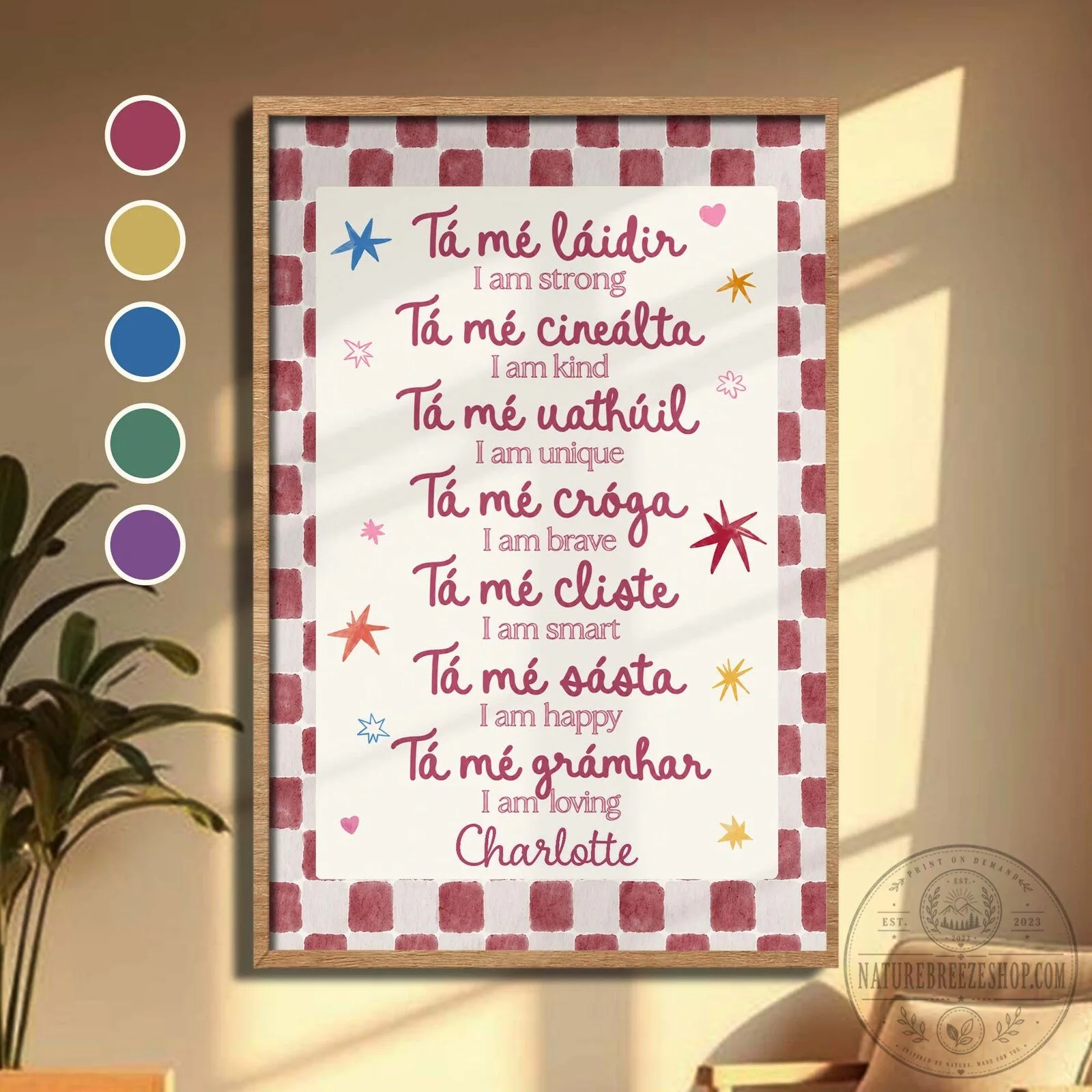 Personalized Irish Language Affirmations for Kids, Custom Name Wall Art Poster