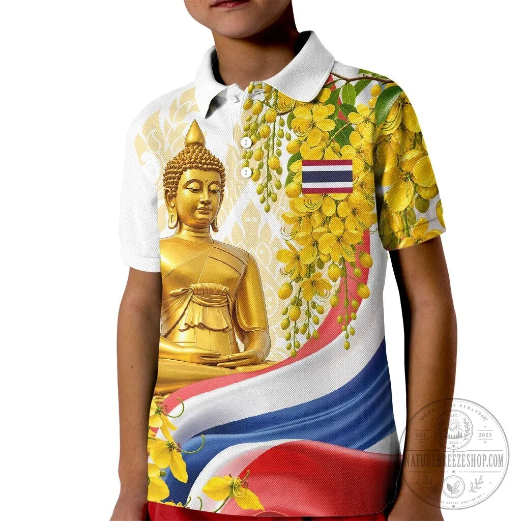 Thailand Golden Buddha Elephant Kid Polo Shirt Thai Culture Heritage Temple Ratchaphruek Art