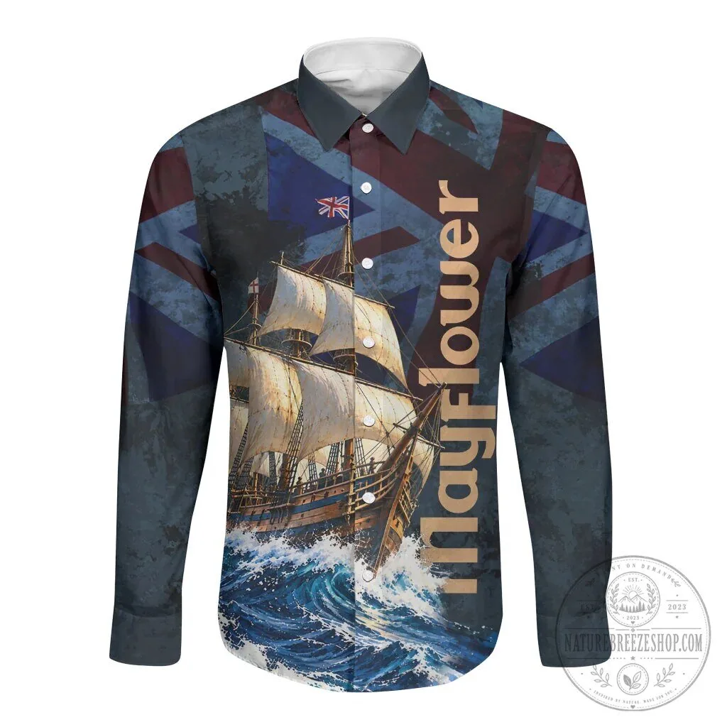 Mayflower 1620 Ship Vintage Nautical Ocean Waves Art Long Sleeve Button Shirt