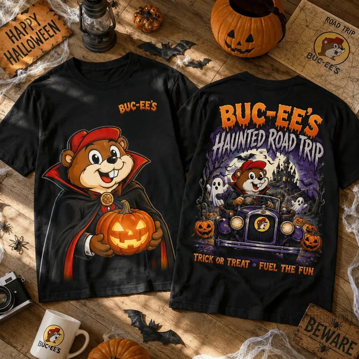 Buc-ee's Halloween Graphic Tee Haunted Road Trip Vampire Beaver T-Shirt