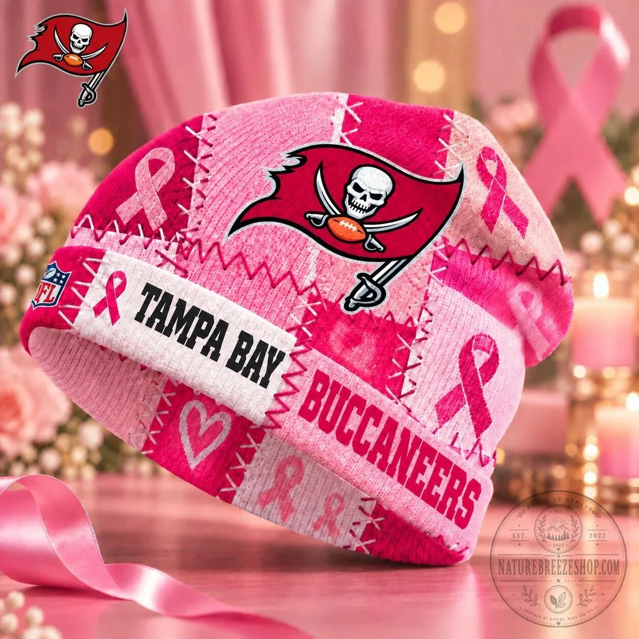 Tampa Bay Buccaneers NFL Breast Cancer Awareness Pink Ribbon Patchwork Beanie Hat 2 Tampa Bay Buccaneers NFL Breast Cancer Awareness Pink Ribbon Patchwork Beanie Hat