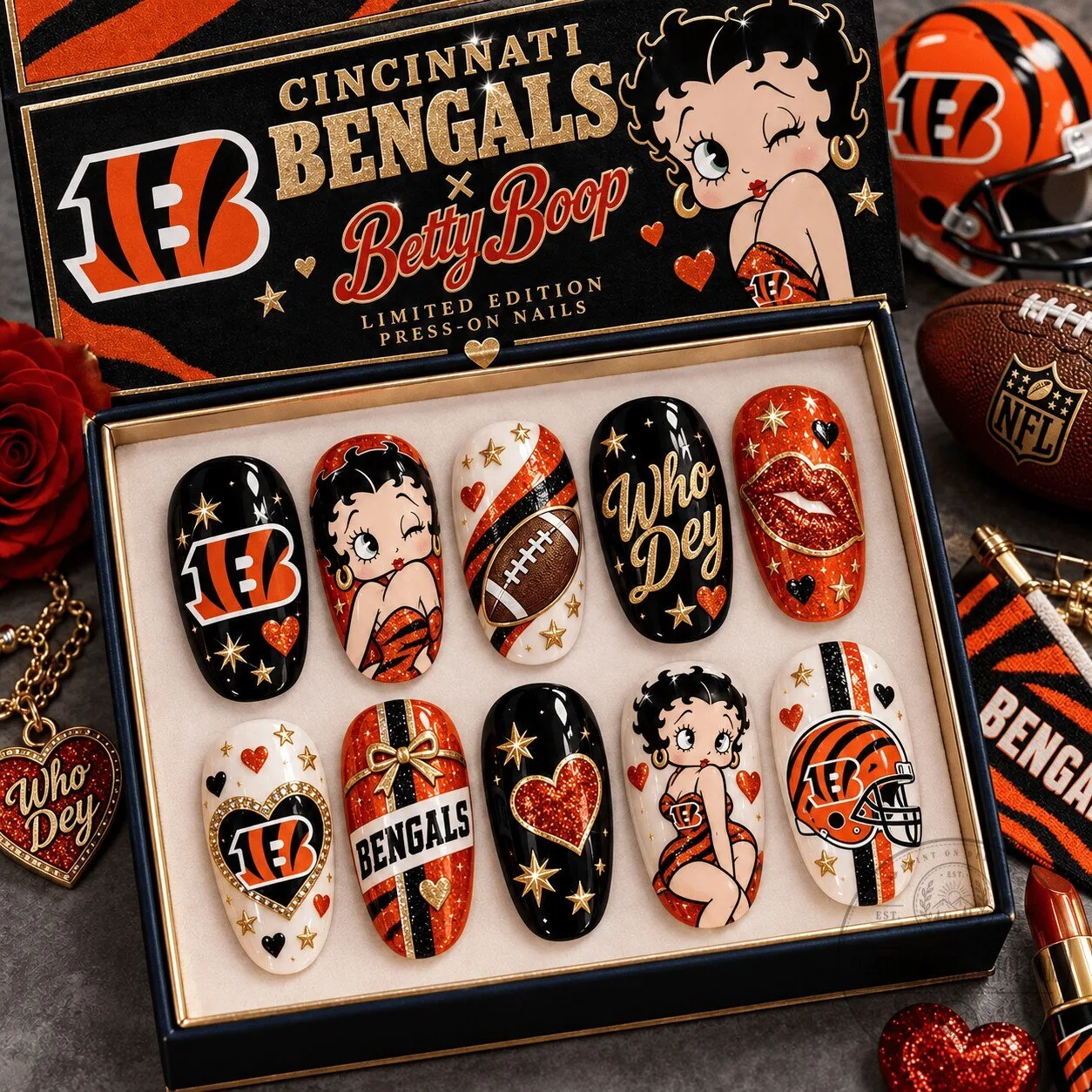 Cincinnati Bengals Betty Boop Football Fan Glamour Press-On Nails Set