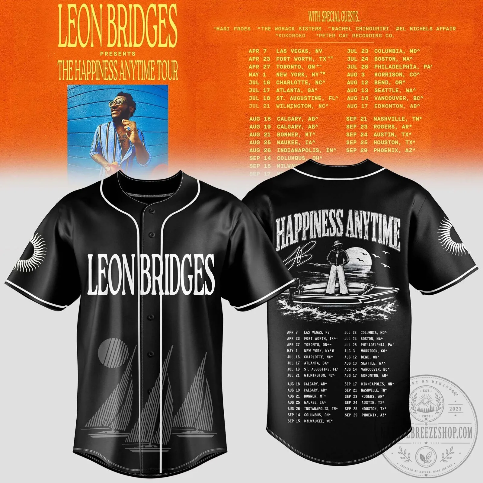 Leon Bridges The Happiness Anytime Tour 2024 Concert Schedule Baseball Jersey