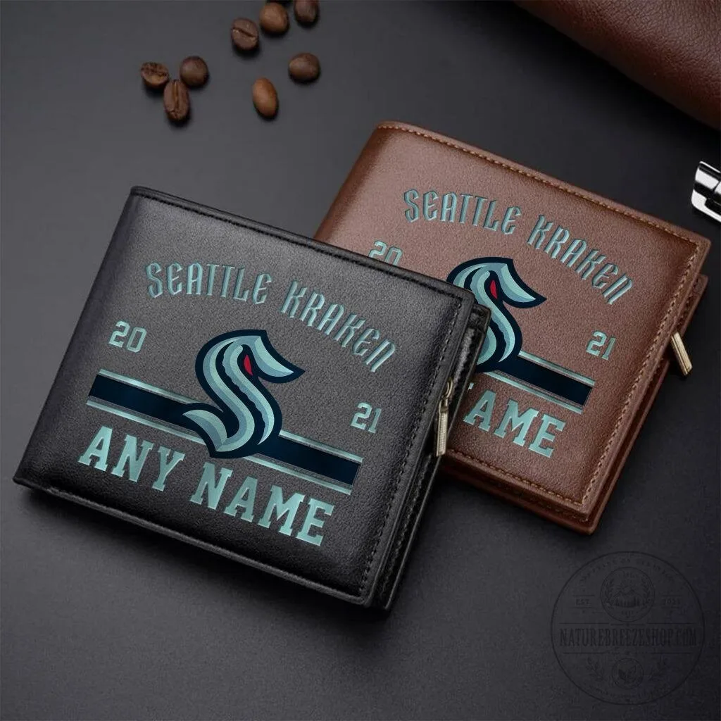 Seattle Kraken Personalized Name Leather Wallet, NHL Hockey Fan Gift